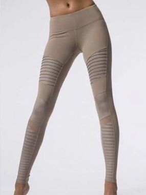 Alo Small - Women’s Ribbed Panel Moto Leggings - Taupe
